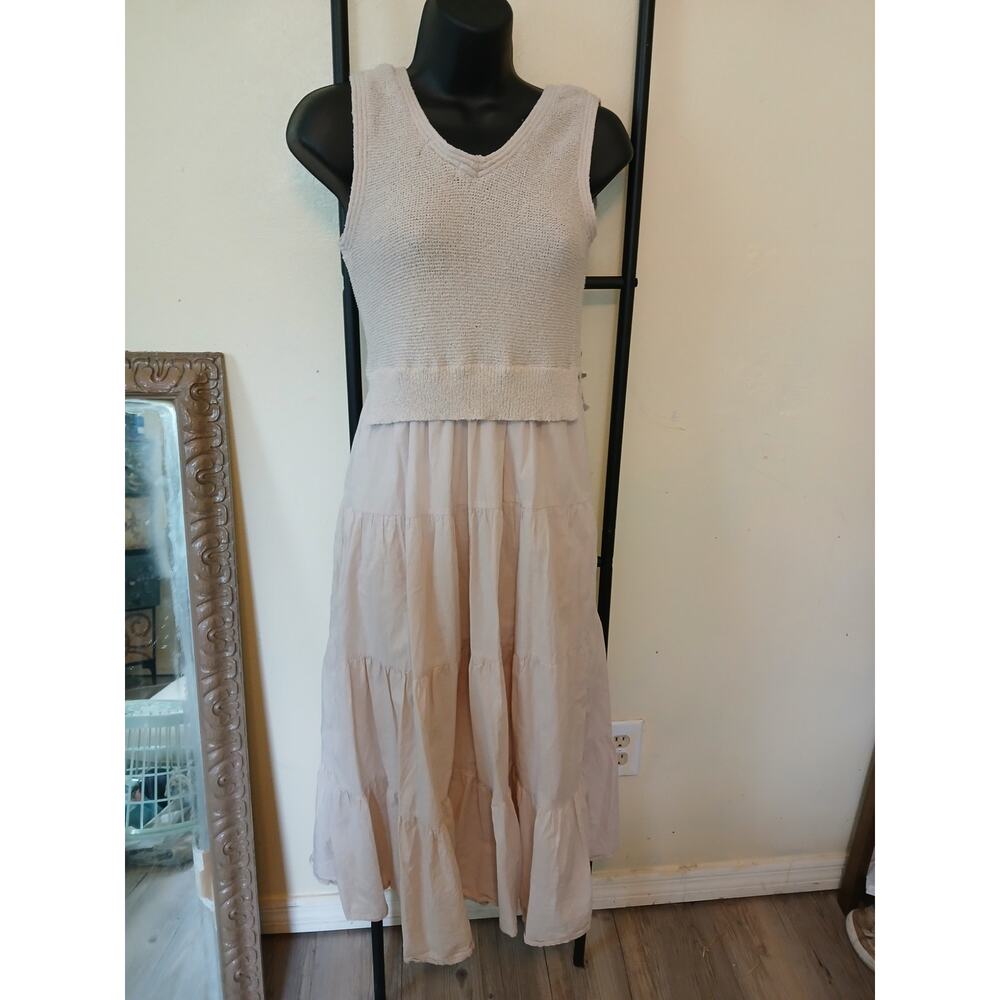 Say What Tan Tiered Knit Top Sleeveless Casual Midi Dress w/ Lined Skirt  M
